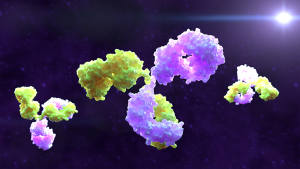 Conceptual image of 3D multicolored antibody proteins on a black background.
